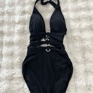 Gottex Black Halter One-Piece Swimsuit with Silver Ring Accents